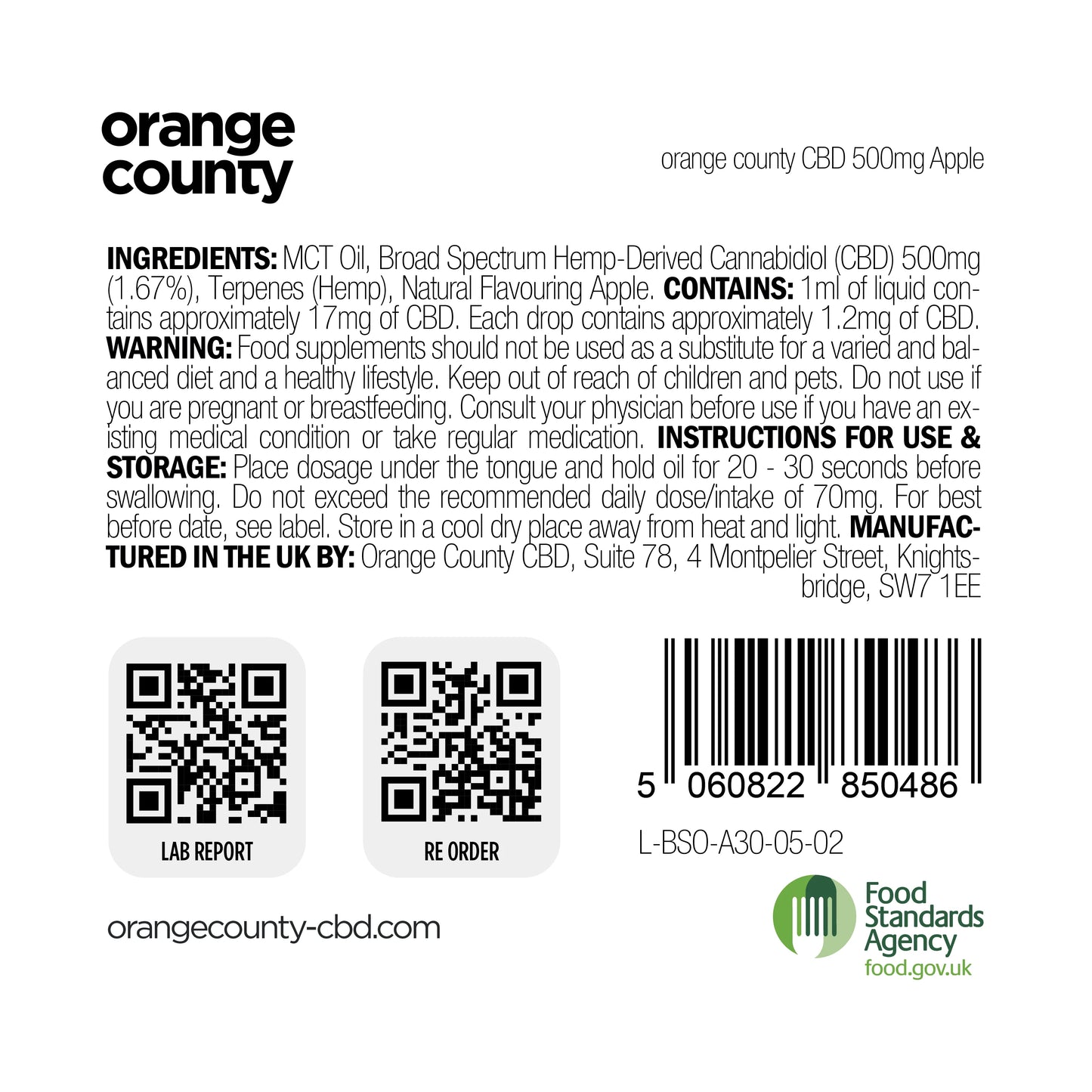 Orange County Apple CBD Oil 500mg Broad-Spectrum (30ml)
