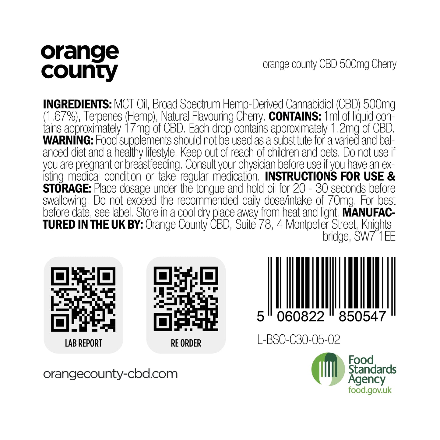 Orange County Cherry CBD Oil 500mg Broad-Spectrum (30ml)