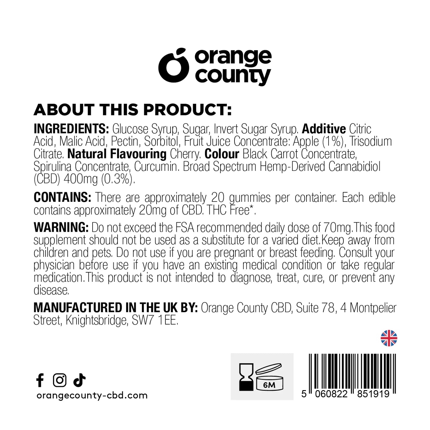 Orange County CBD Gummy Cherries 400mg mix flavour 20pcs
